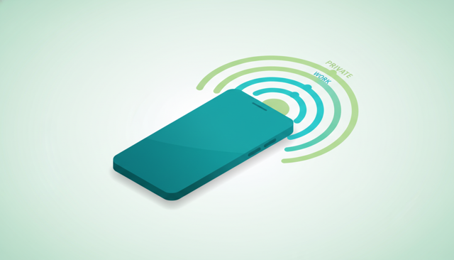 isometric illustration of a smartphone with two active mobile profiles, one private and one work, shown as separate colored signal paths without text