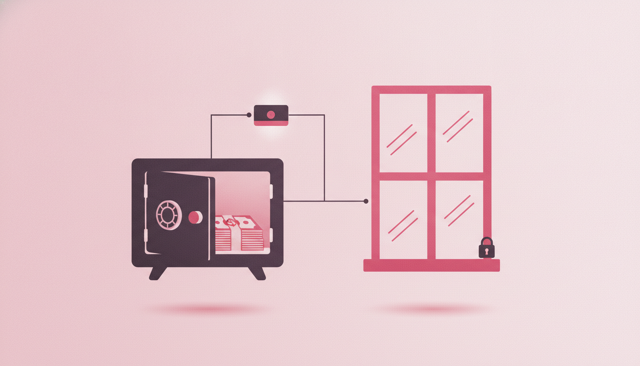 realistic home interior showing a locked safe with cash inside, a discreet alarm sensor nearby, and subtle signs of a secured window, no text or labels
