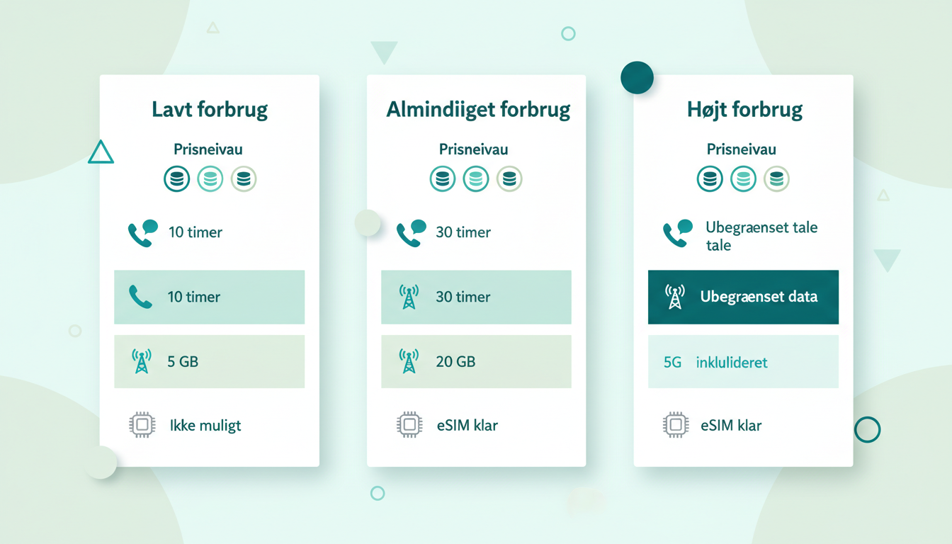 clean comparison infographic with three mobile subscription cards side by side, showing low, medium, and high usage profiles with icons for calls, data, and eSIM. Danish labels: "Lavt forbrug", "Almindeligt forbrug", "Højt forbrug", "Prisniveau", "Data", "eSIM"