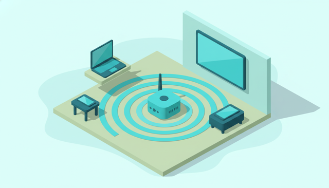 isometric illustration of a home interior with a router in the center sending wireless waves to a phone, laptop, smart TV, and tablet, no text or labels