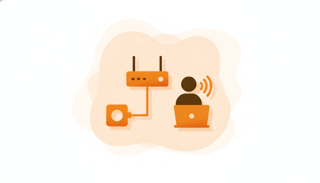minimalist illustration of a home internet troubleshooting setup with a router, ethernet cable, fiber box, and a person checking connection on a laptop