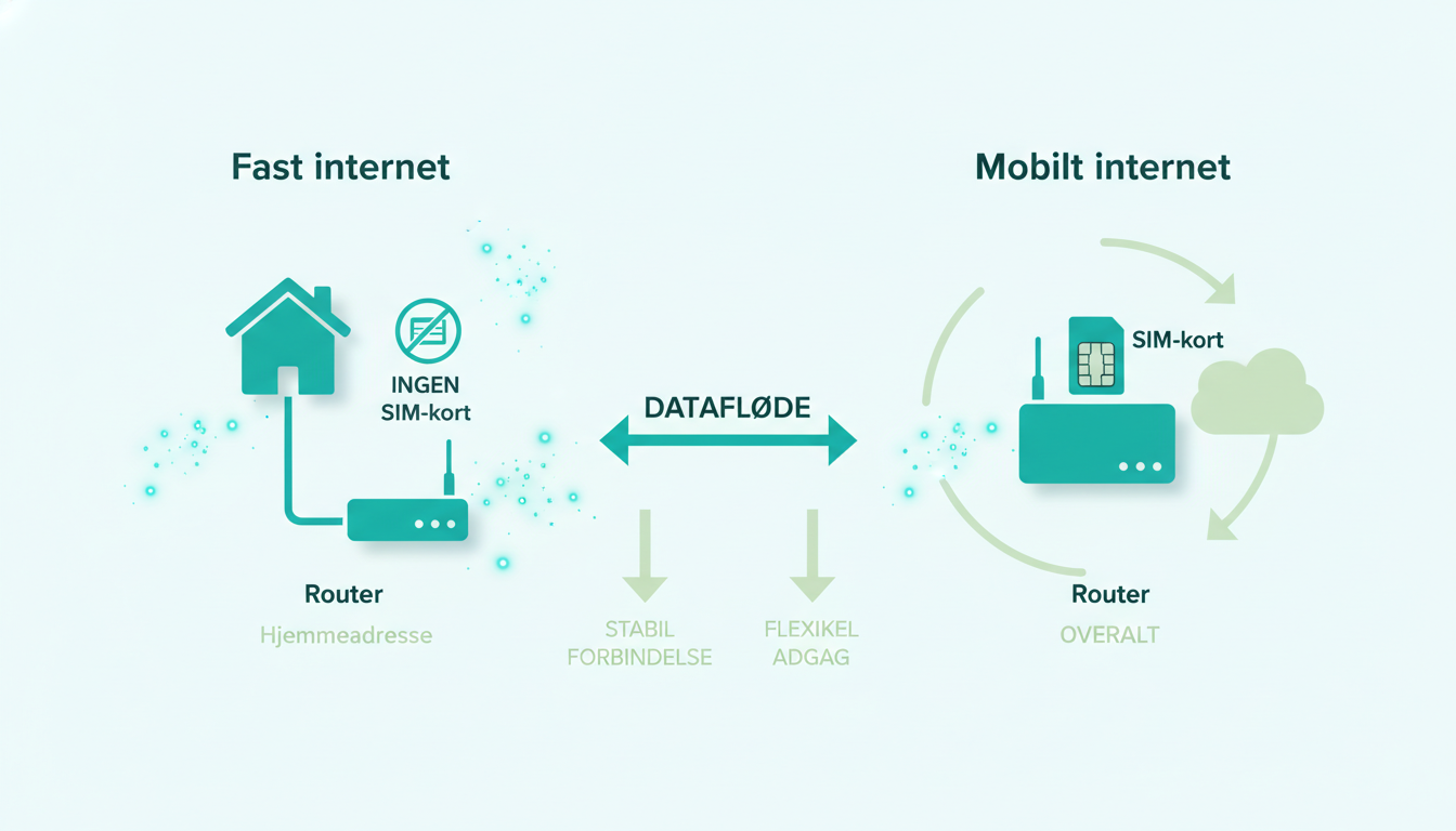 clean infographic comparing fixed internet and mobile internet, showing a house connected by fiber/cable without a SIM card and a mobile router with a SIM card, with simple icons and arrows. Danish labels: "Fast internet", "Mobilt internet", "SIM-kort", "Router", "Hjemmeadresse"