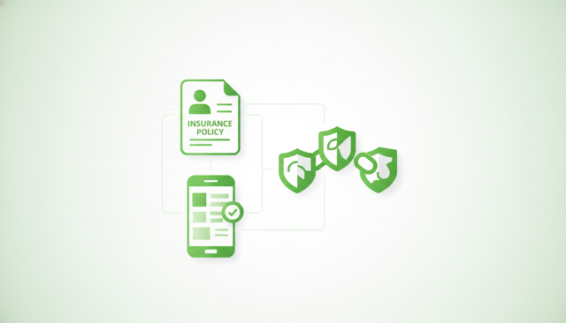 clean flat illustration of an insurance policy document, a smartphone customer portal, and separate identification number symbols connected by subtle lines, no text, labels, or numbers