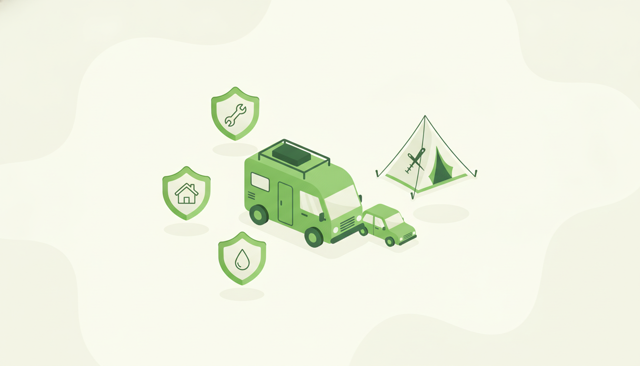 isometric illustration of a camping van parked next to a car, with subtle shield icons representing optional insurance coverage and a separate damaged tent being repaired