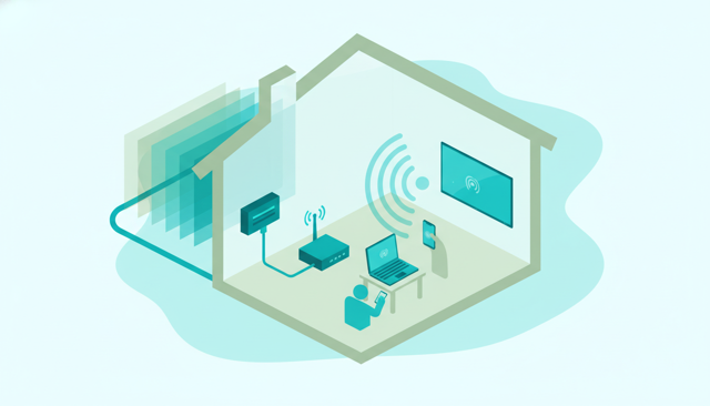 isometric illustration of a fiber cable entering a house, connecting to a fiber box and then to a Wi-Fi router with signal waves reaching a laptop, phone, and smart TV