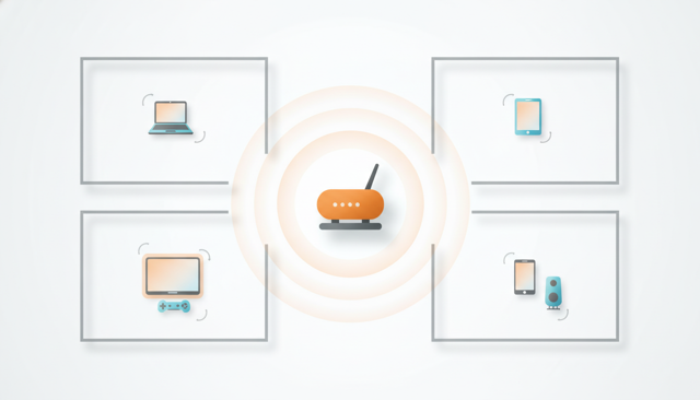 clean infographic of a home interior with a router placed centrally, radiating signal waves to multiple devices in different rooms