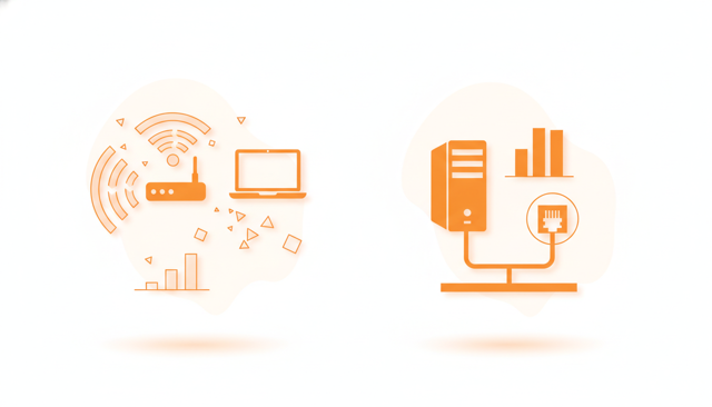 minimalist comparison scene showing a wireless connection with weak signal versus a wired ethernet connection with strong stable signal in the same home setup