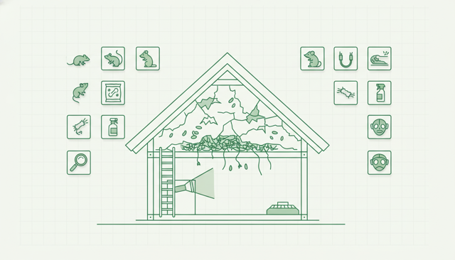 realistic illustration of a house attic with visible signs of rodent damage, torn insulation, and a pest control inspection scene