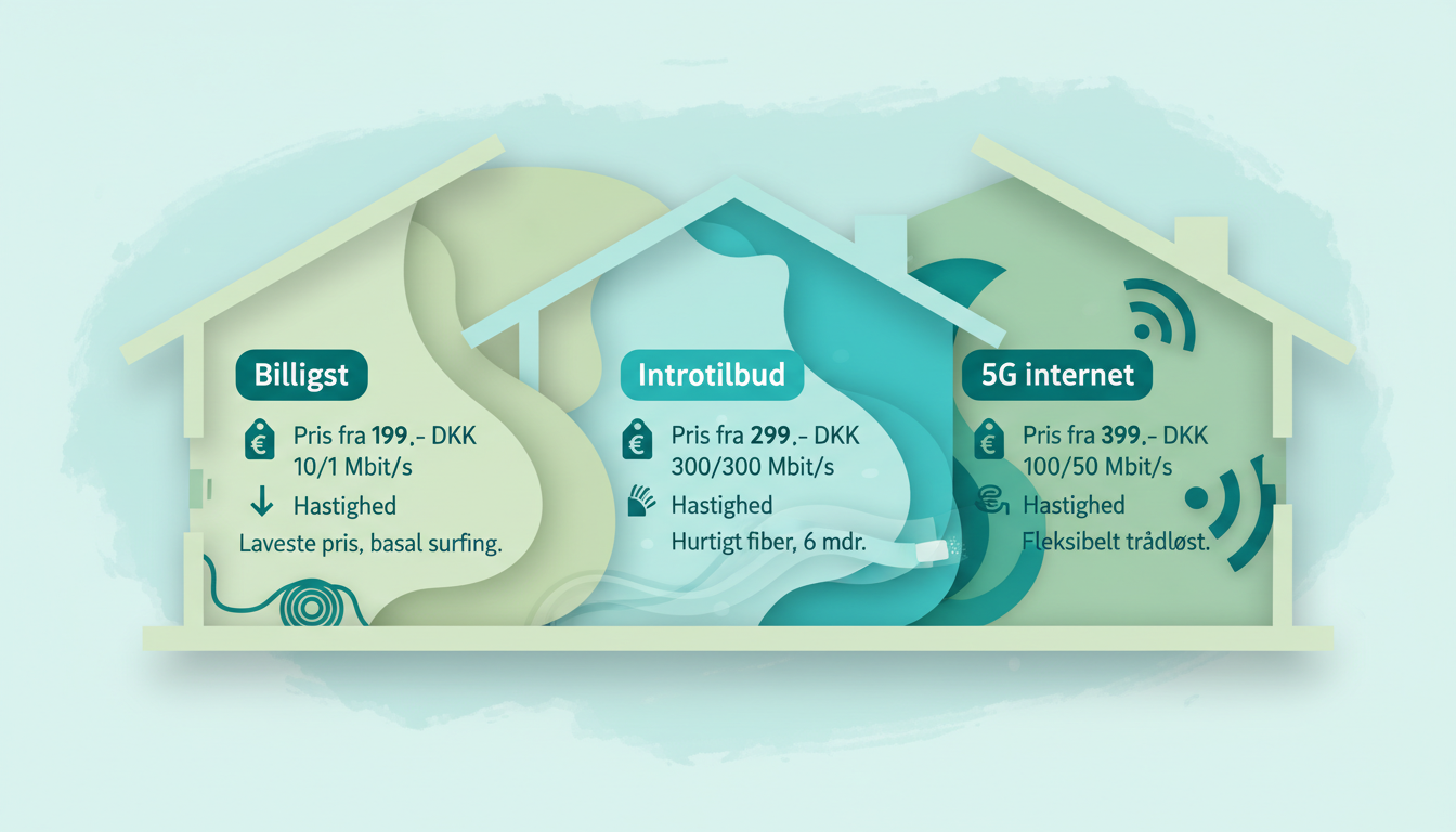 clean comparison infographic showing three internet options in a modern home setting: budget low-speed internet, fiber intro offer, and 5G home internet, each with a price tag and speed icon. Danish labels: "Billigst", "Introtilbud", "5G internet", "Pris fra", "Hastighed"