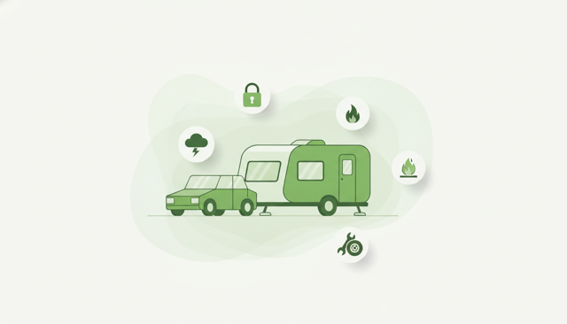 flat illustration of a camping trailer beside a parked car with subtle icons representing theft, storm, fire, and roadside assistance, clean Scandinavian style