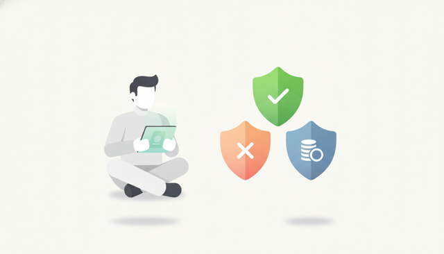 minimalist illustration of a person reviewing an insurance policy on a tablet beside three floating shield icons representing coverage, exclusions, and deductible