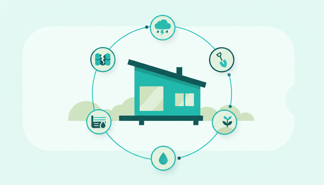 modern Danish detached house with subtle insurance symbols around it, showing different risk factors like roof, basement, garden, and weather influences in a clean editorial illustration