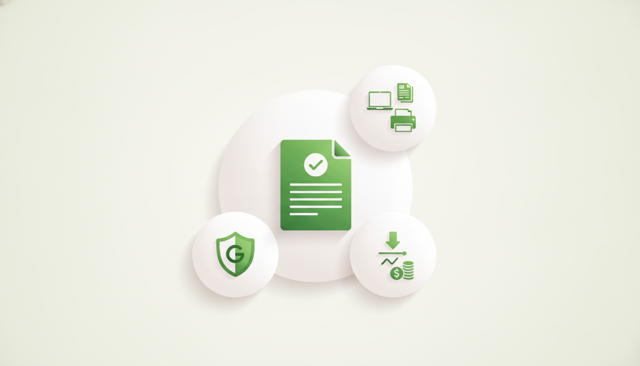minimalist comparison scene with three business risk categories represented by icons: liability shield, office equipment, and interrupted cash flow, arranged around a central insurance document, no text