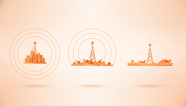 minimalist comparison illustration of three mobile network towers covering a city, suburbs, and countryside with different signal reach