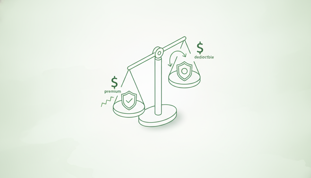 isometric illustration of a balance scale comparing premium, coverage, and deductible with simple insurance symbols on each side