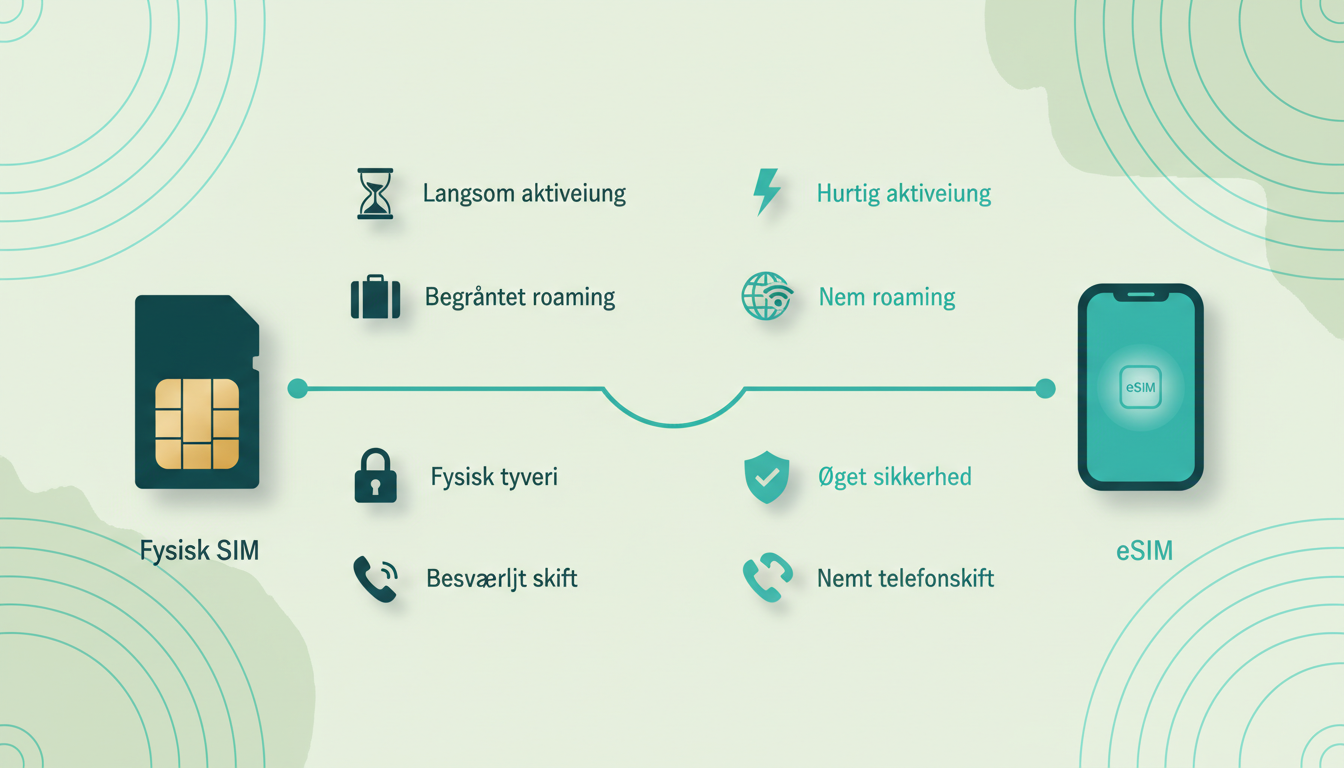 clean comparison infographic showing a smartphone with eSIM activation on one side and a physical SIM card on the other, with icons for speed, travel, security, and phone switching. Danish labels: "Hurtig aktivering", "Rejser", "Sikkerhed", "Telefonskift", "Fysisk SIM", "eSIM"