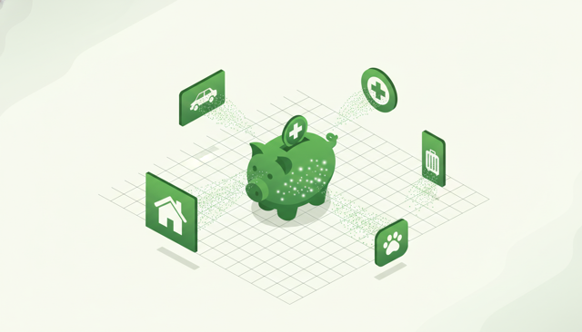 flat isometric illustration of five insurance categories arranged around a central piggy bank, with subtle icons for car, house, suitcase, medical cross, and pet, showing cost differences without text