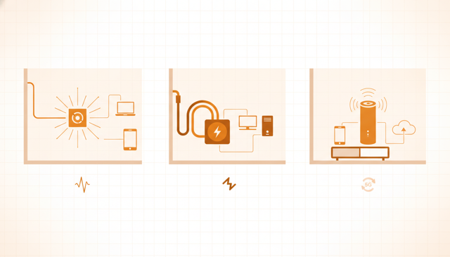 minimalist comparison of three home internet options, fiber cable, coax cable, and 5G router, shown as clean connected objects in a modern apartment setting