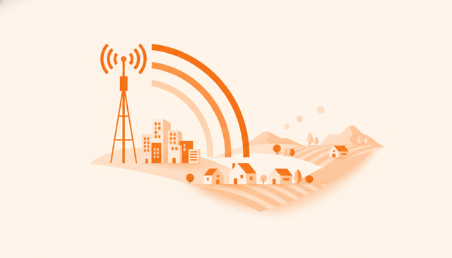 minimalist illustration of a mobile network mast covering a city, suburban houses, and rural landscape with different signal strengths