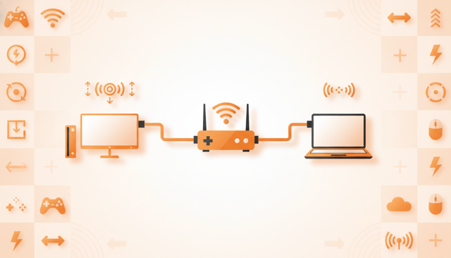 clean home network scene with a router connected by cable to a gaming setup and a laptop, emphasizing stable low-latency internet in a modern apartment