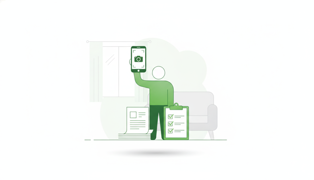 clean editorial illustration showing a person documenting a home damage claim with a phone, papers, and a checklist in a calm indoor setting