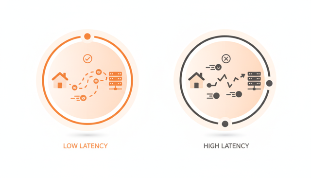 minimalist comparison illustration of low latency versus high latency, with two signal paths and different response speeds between a home device and a server