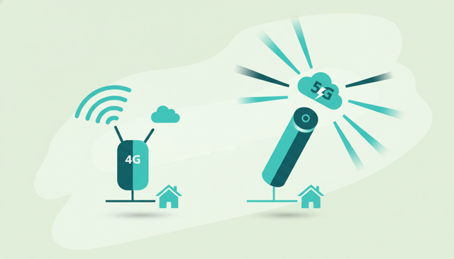 minimalist comparison illustration of two wireless home internet setups, one older 4G router and one newer 5G router, shown side by side in a clean modern living room