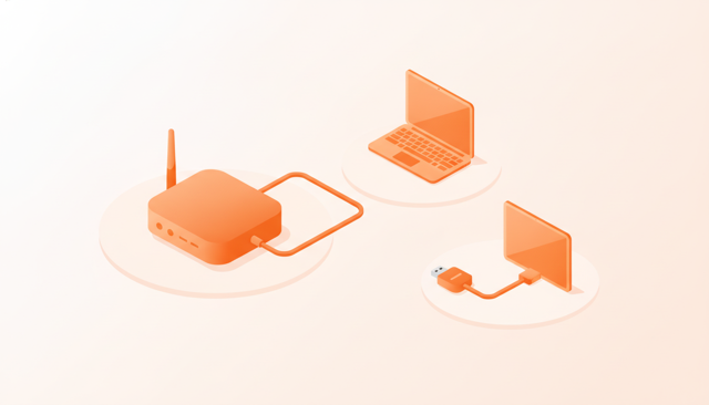 isometric illustration of a home router connected by a network cable to a laptop, with a second device using a USB to Ethernet adapter nearby