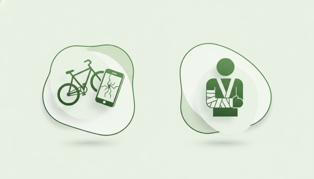 clean split-screen illustration showing a damaged bicycle and broken phone on one side, and a person with a bandaged arm on the other, simple modern style
