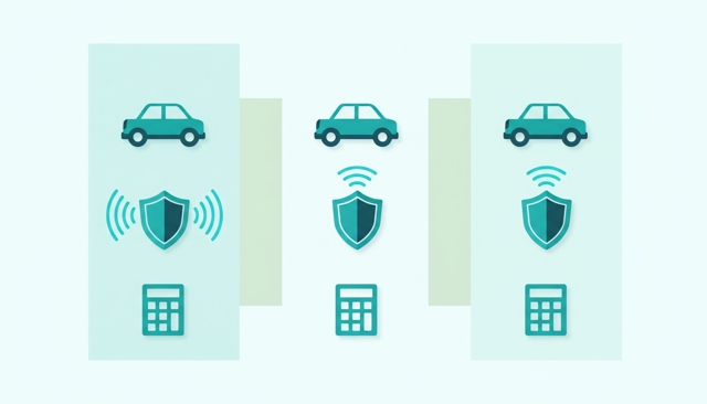 minimalist comparison scene showing three different car insurance offers being compared side by side with a car, a shield, and a calculator, clean Scandinavian style