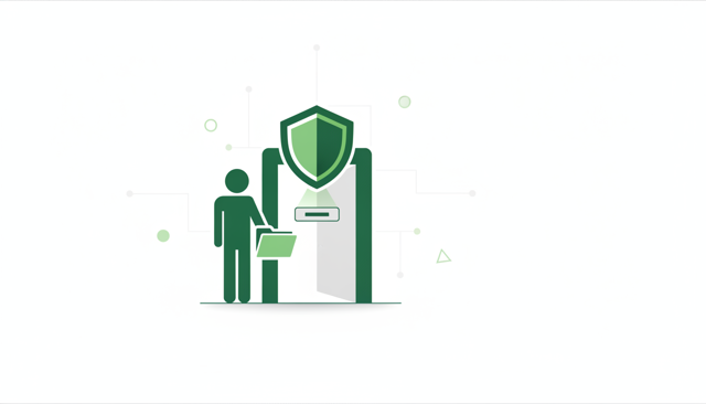 minimalist illustration of a person standing at a doorway marked by a membership check, with a folder and a shield icon, representing access requirements for an insurance provider