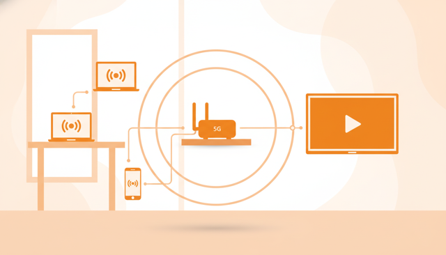 modern home interior showing a compact 5G router on a shelf sending wireless signals to a laptop, smartphone, and smart TV