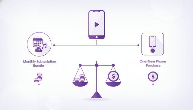 clean comparison illustration showing two paths from a smartphone: one path to a monthly subscription bundle and one path to a one-time phone purchase, with a simple balance scale concept