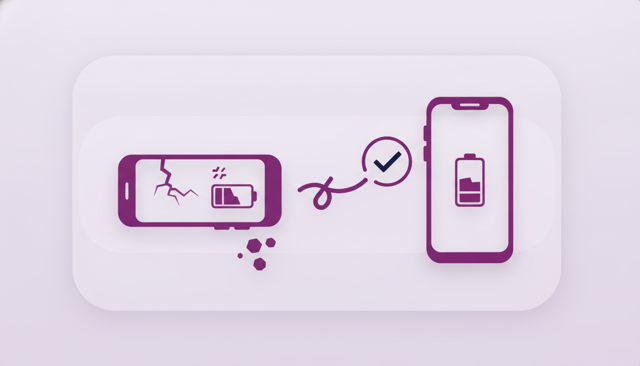 realistic illustration of an older smartphone next to a newer smartphone, with a visibly worn battery icon, a cracked screen, and a clean modern phone indicating replacement decision