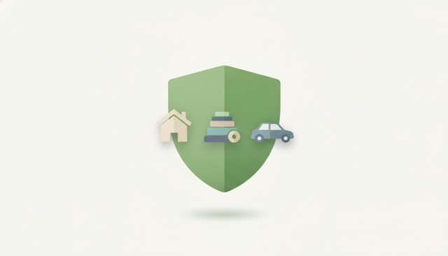minimalist insurance concept illustration showing a shield protecting a house, a stack of personal belongings, and a car in a calm neutral color palette