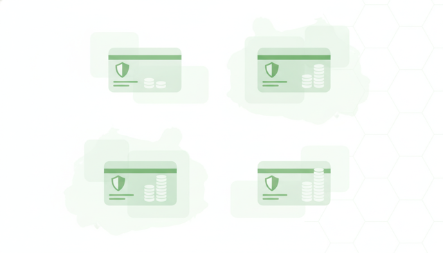 flat infographic showing four insurance cards with different deductible amounts represented by simple coin stacks and shield icons, clean minimal Danish finance style