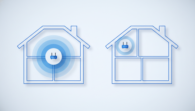 minimalist comparison illustration showing a router placed centrally in a house versus in a corner, with signal coverage waves reaching different rooms