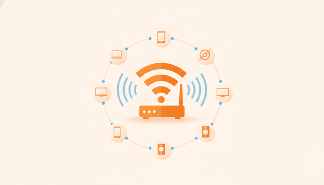 clean isometric illustration of a modern Wi-Fi router distributing separate wireless connections to many devices throughout a home, with subtle blue signal waves, no text, labels, or numbers