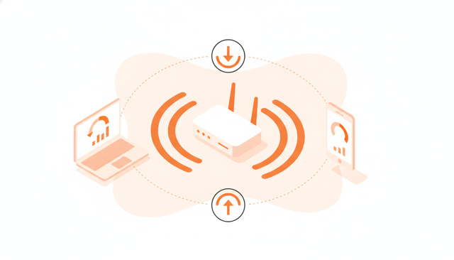 isometric illustration of a Wi-Fi router in a home with a laptop and smartphone, wireless signal waves, and a speed test concept shown on screens without any text, labels, or numbers