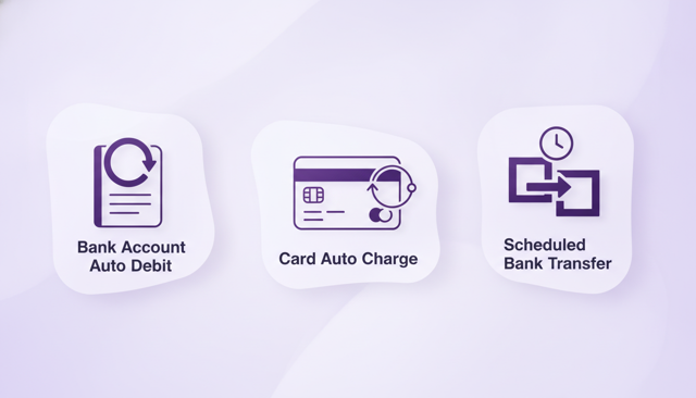 clean flat illustration showing three payment methods side by side: bank account auto debit, card auto charge, and scheduled bank transfer, with simple icons and no text