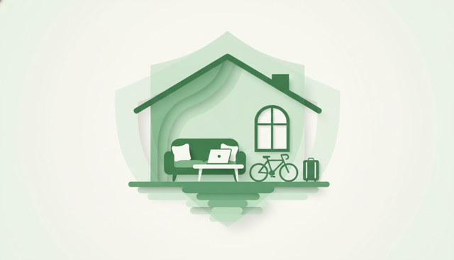 minimalist illustration of a home interior with protected everyday belongings such as a sofa, laptop, bicycle, and suitcase surrounded by a subtle shield symbol