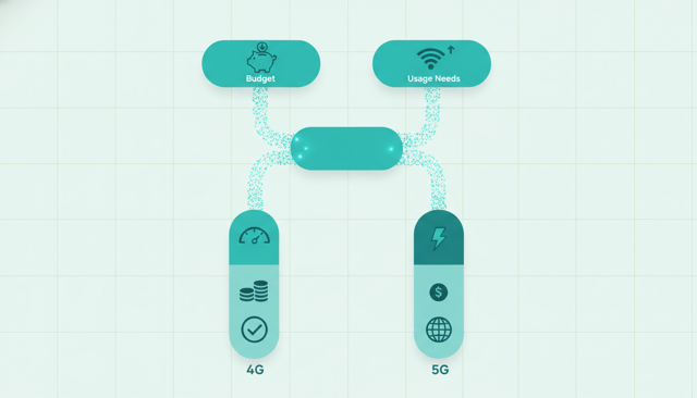 clean infographic showing a decision path from budget and usage needs toward either 4G or 5G home internet, with simple icons for speed, price, and coverage