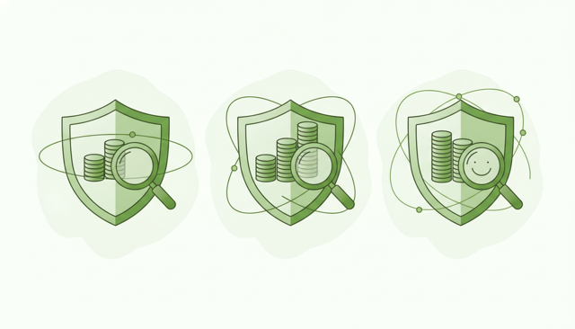 clean flat illustration of three insurance shields side by side, each with different coin stacks and a magnifying glass, representing price, coverage, and customer satisfaction