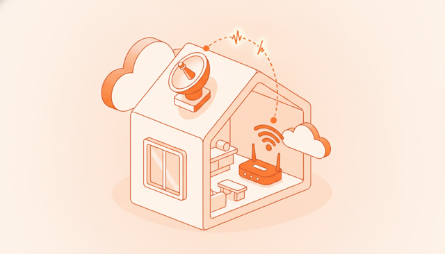 clean isometric illustration of a satellite internet dish outside a Scandinavian home, connected wirelessly to a Wi-Fi router inside, no text, labels, or numbers