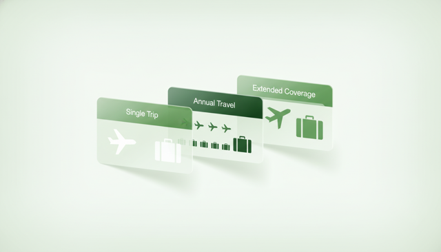 flat comparison illustration showing three travel insurance cards side by side, one for single trip, one for annual travel, and one for extended coverage, with simple suitcase and airplane icons