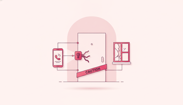 realistic but calm editorial illustration of a home entrance after a burglary, with a damaged lock, caution tape, a phone showing an emergency call without any readable text, no people in danger, no labels or numbers