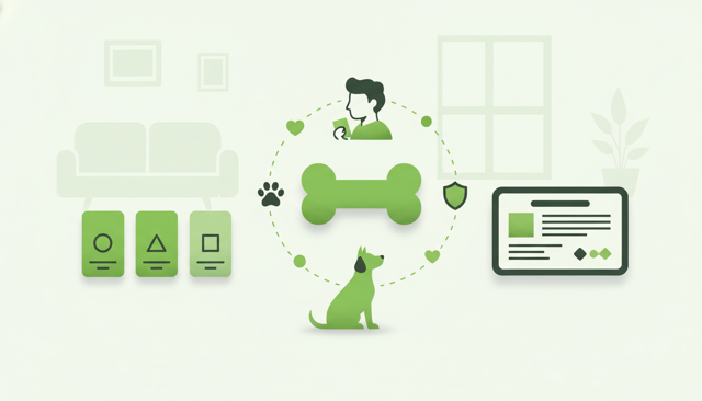 clean flat illustration of a dog owner comparing three pet insurance cards beside a veterinarian bill, with a calm home interior background
