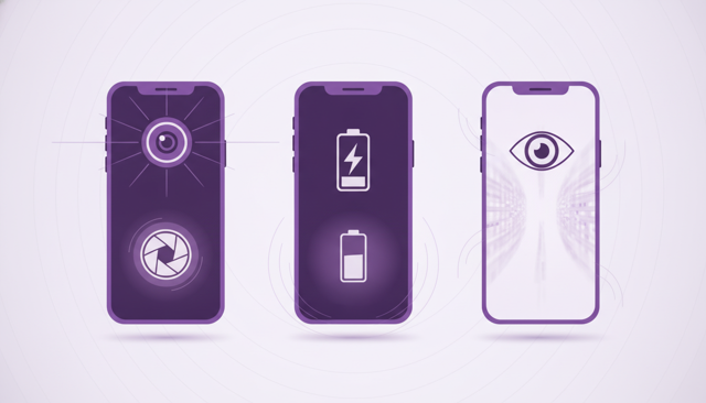 realistic comparison of three premium smartphones standing side by side on a clean surface, each emphasizing camera, battery, and display through visual cues without any text