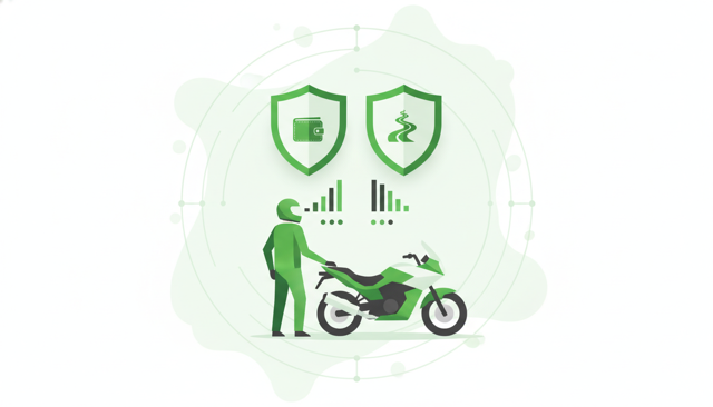 minimalist illustration of a motorcyclist comparing insurance options beside a parked motorcycle, with a wallet, shield, and road icons