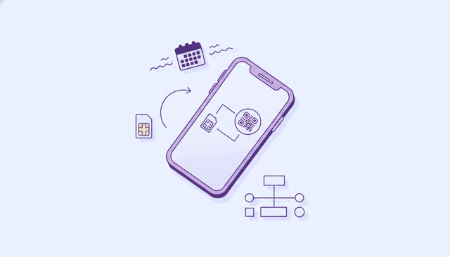 minimalist illustration of a mobile phone switching from one SIM card to a digital eSIM activation screen, with a calendar and moving arrows in a clean flat style